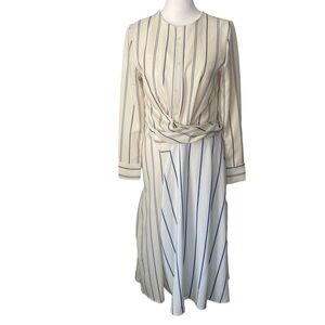 Two Tone White Cream Striped Long Sleeve Midi Dress